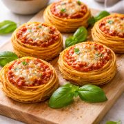 Six nids de spaghettis au four dorés avec sauce tomate parmesan fondu et basilic frais sur planche en bois naturel