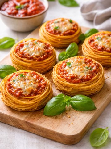Six nids de spaghettis au four dorés avec sauce tomate parmesan fondu et basilic frais sur planche en bois naturel