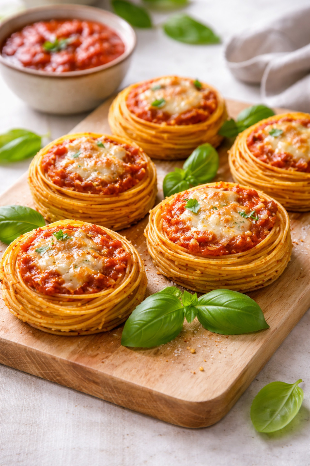 Six nids de spaghettis au four dorés avec sauce tomate parmesan fondu et basilic frais sur planche en bois naturel