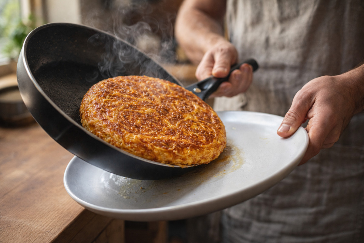 Technique de retournement d'une frittata de spaghettis dorée de la poêle vers une assiette blanche