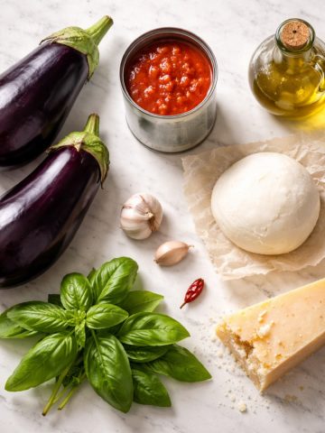 Tous les ingrédients de la recette parmigiana d'aubergines disposés sur marbre : aubergines, mozzarella, parmesan, tomates concassées, basilic frais et huile d'olive