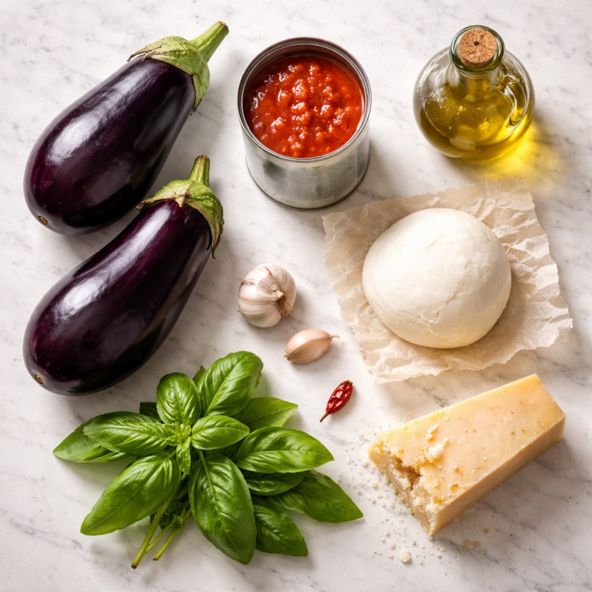Tous les ingrédients de la recette parmigiana d'aubergines disposés sur marbre : aubergines, mozzarella, parmesan, tomates concassées, basilic frais et huile d'olive