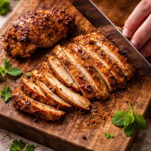 Tranchage en lamelles obliques du poulet shawarma cuit sur planche en bois — couteau de chef, découpe à 45 degrés, viande dorée et juteuse à l'intérieur