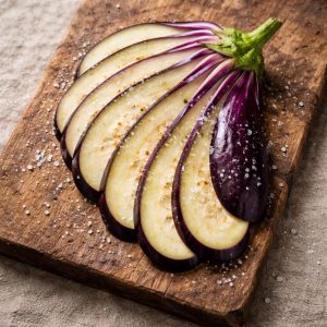 Tranches d'aubergines violettes disposées sur une planche en bois avec du gros sel pour le dégorgeage avant friture