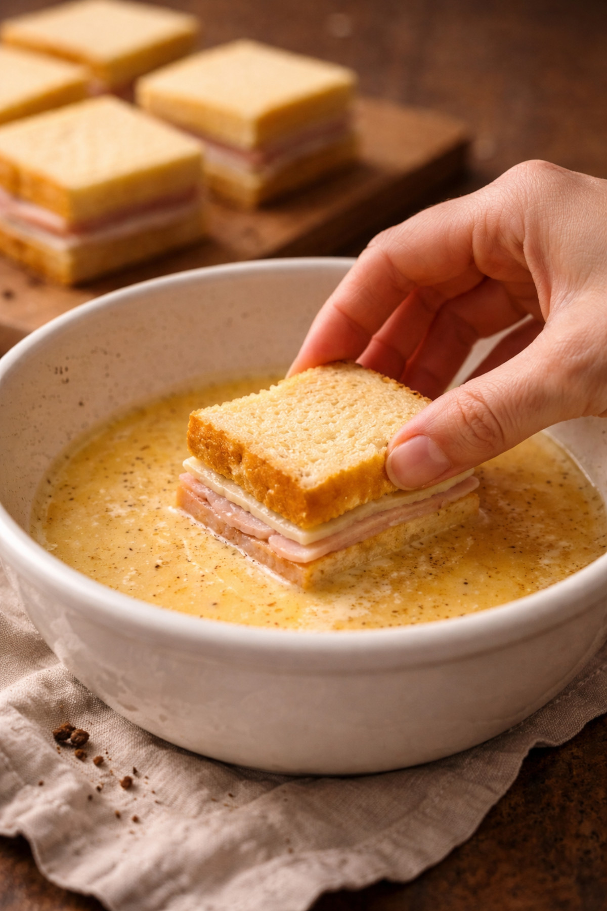Trempage d'une bouchée de mini croque-monsieur dans l'appareil pain perdu salé png