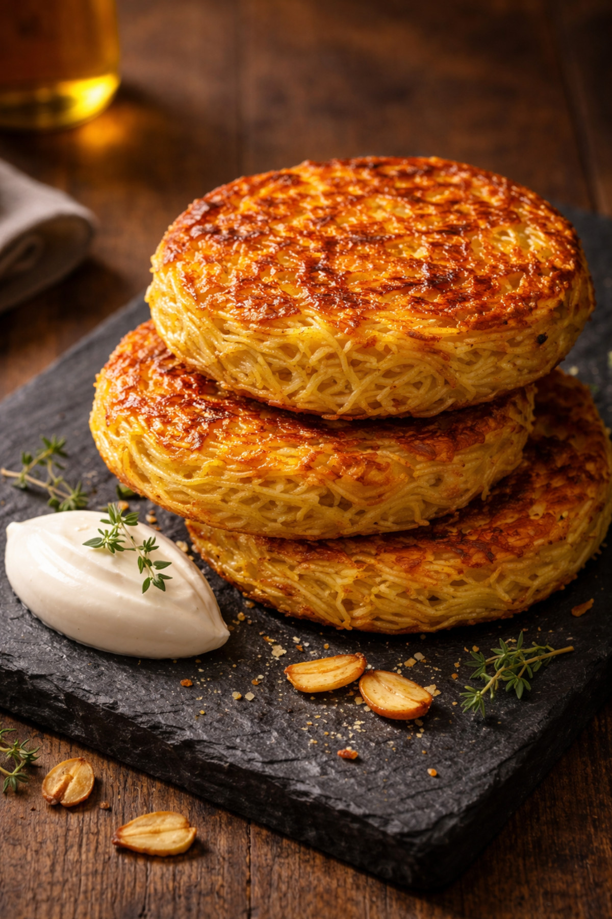 Trois galettes croustillantes de spaghettis dorées empilées sur ardoise avec quenelle de crème fraîche et herbes fraîches