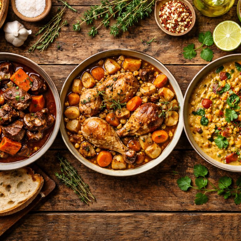 Trois plats mijotés alignés : bœuf carottes, dinde légumes, ragoût vegan