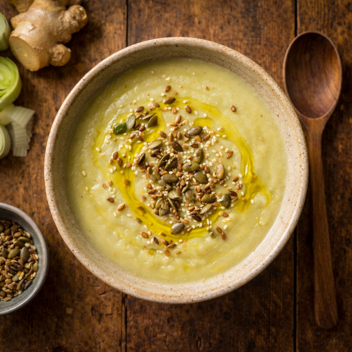 Velouté poireaux-pommes de terre au gingembre dans bol en céramique