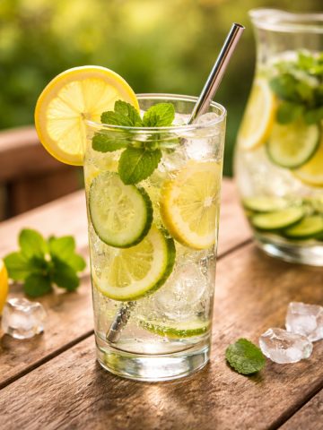 Verre d'eau détox concombre citron menthe servi avec glaçons et feuille de menthe fraîche
