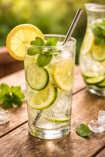 Verre d'eau détox concombre citron menthe servi avec glaçons et feuille de menthe fraîche