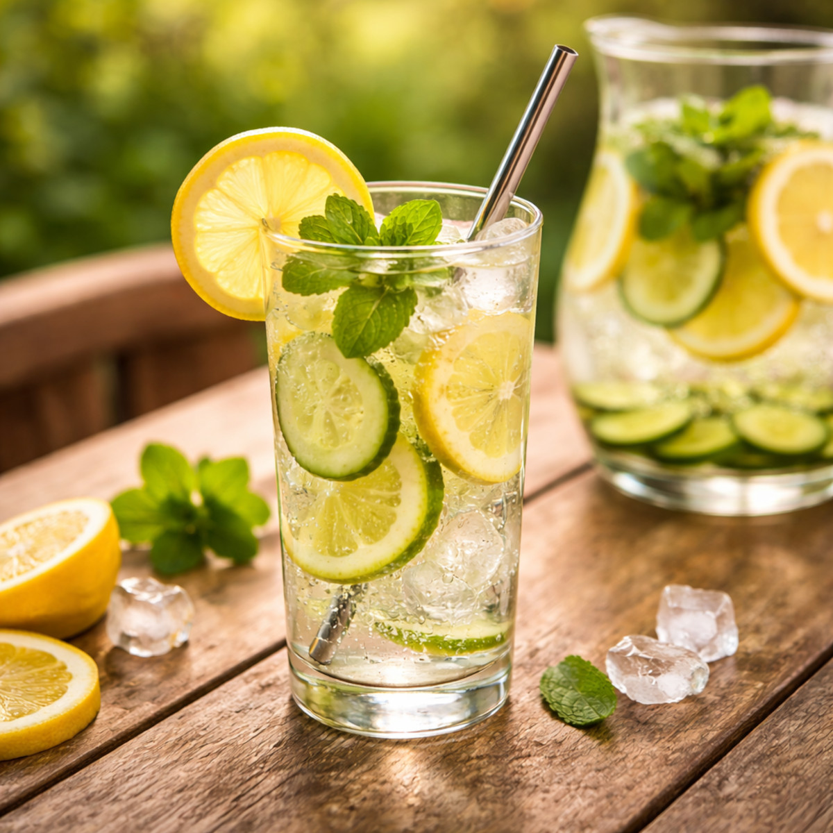 Verre d'eau détox concombre citron menthe servi avec glaçons et feuille de menthe fraîche