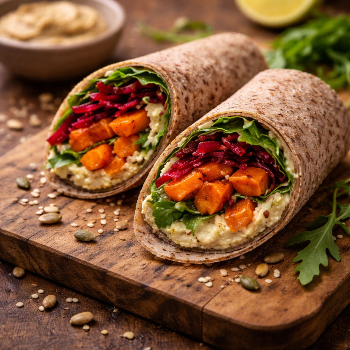 Wraps de sarrasin aux légumes rôtis, houmous et crudités