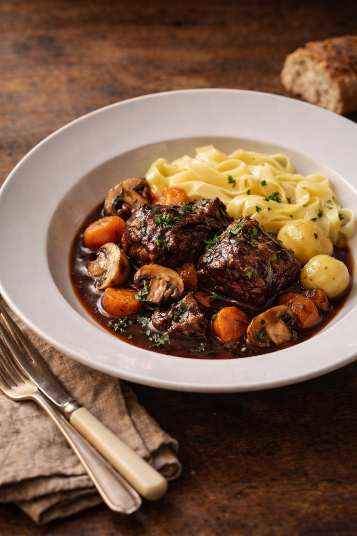accompagnement bœuf bourguignon — assiette creuse blanche avec bœuf fondant sauce bourguignon, tagliatelles fraîches, carottes et champignons glacés