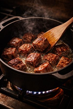 étape de coloration : cubes de bœuf saisis en cocotte en fonte, croûte caramel dorée, vapeur qui s'échappe