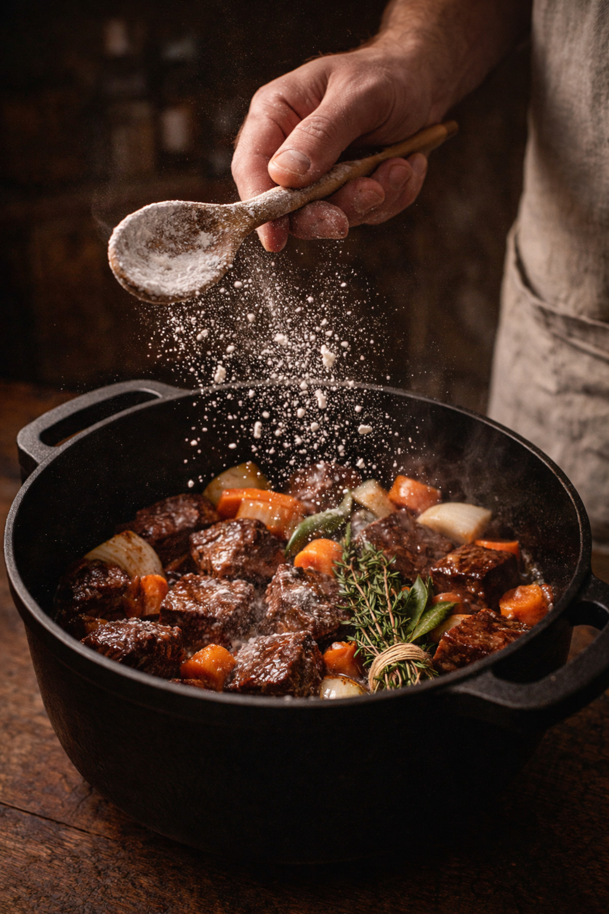 étape du singer : farine saupoudrée sur la viande dorée en cocotte fonte, nuage de farine en suspension