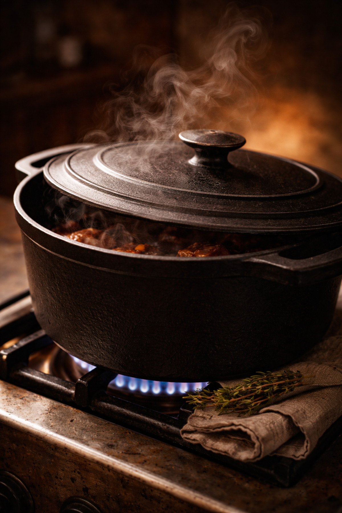 cuisson longue : cocotte en fonte couvercle entrouvert laissant échapper la vapeur aromatique sur feu doux
