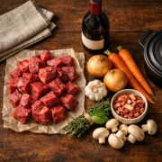 ingrédients de la recette traditionnelle sur planche en bois : viande, légumes et vin de Bourgogne