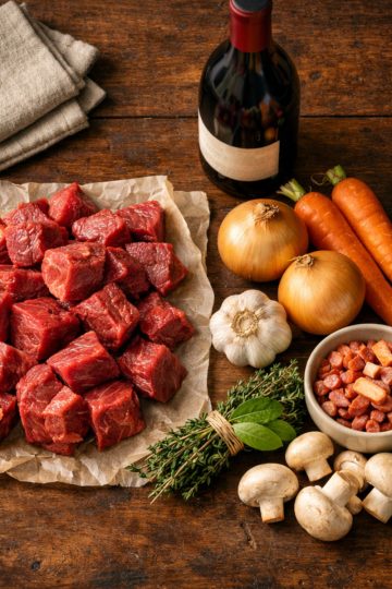 ingrédients de la recette traditionnelle sur planche en bois : viande, légumes et vin de Bourgogne