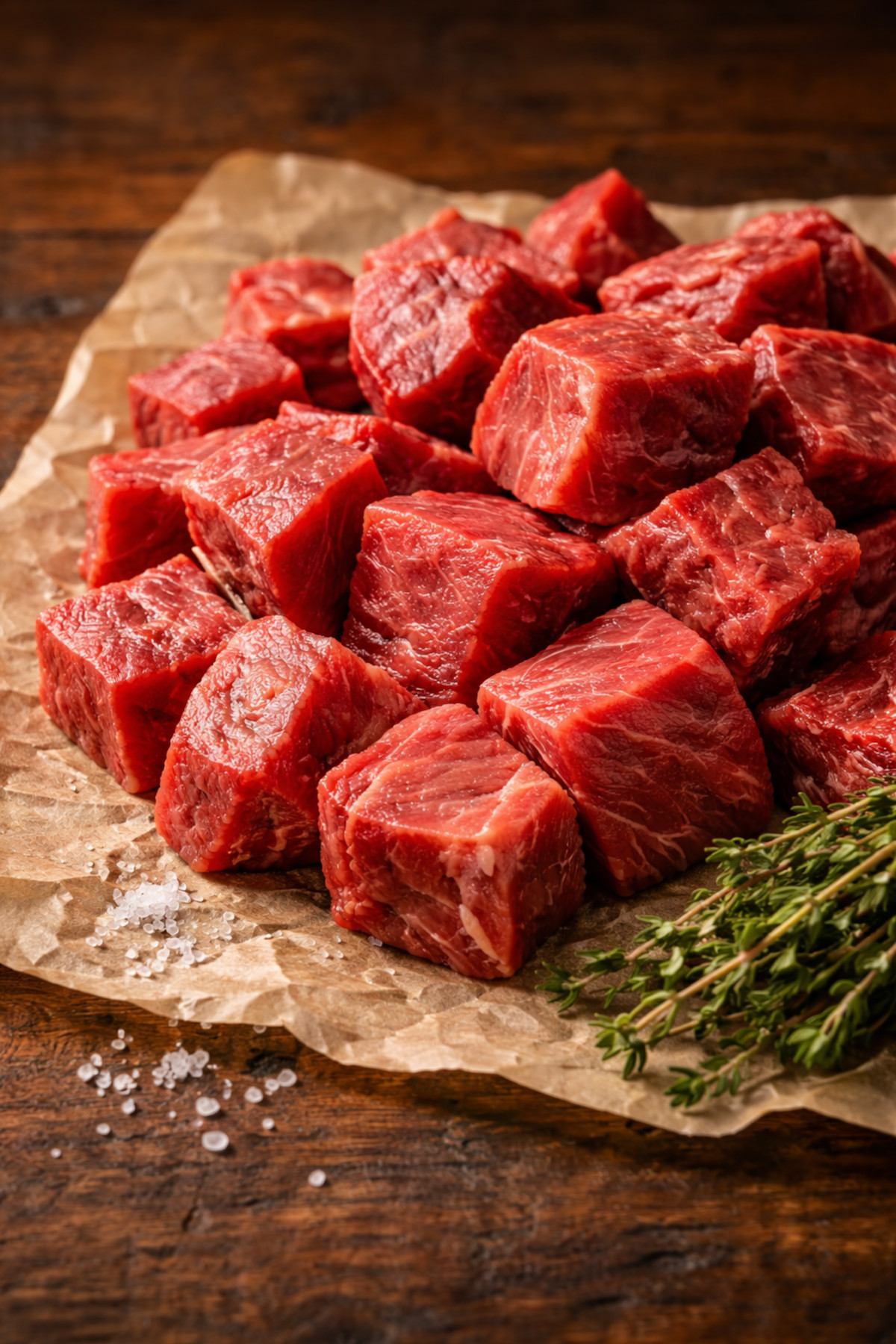 quel morceau pour bœuf bourguignon — cubes de paleron cru marbrés posés sur papier boucher kraft, sel de Guérande et thym frais