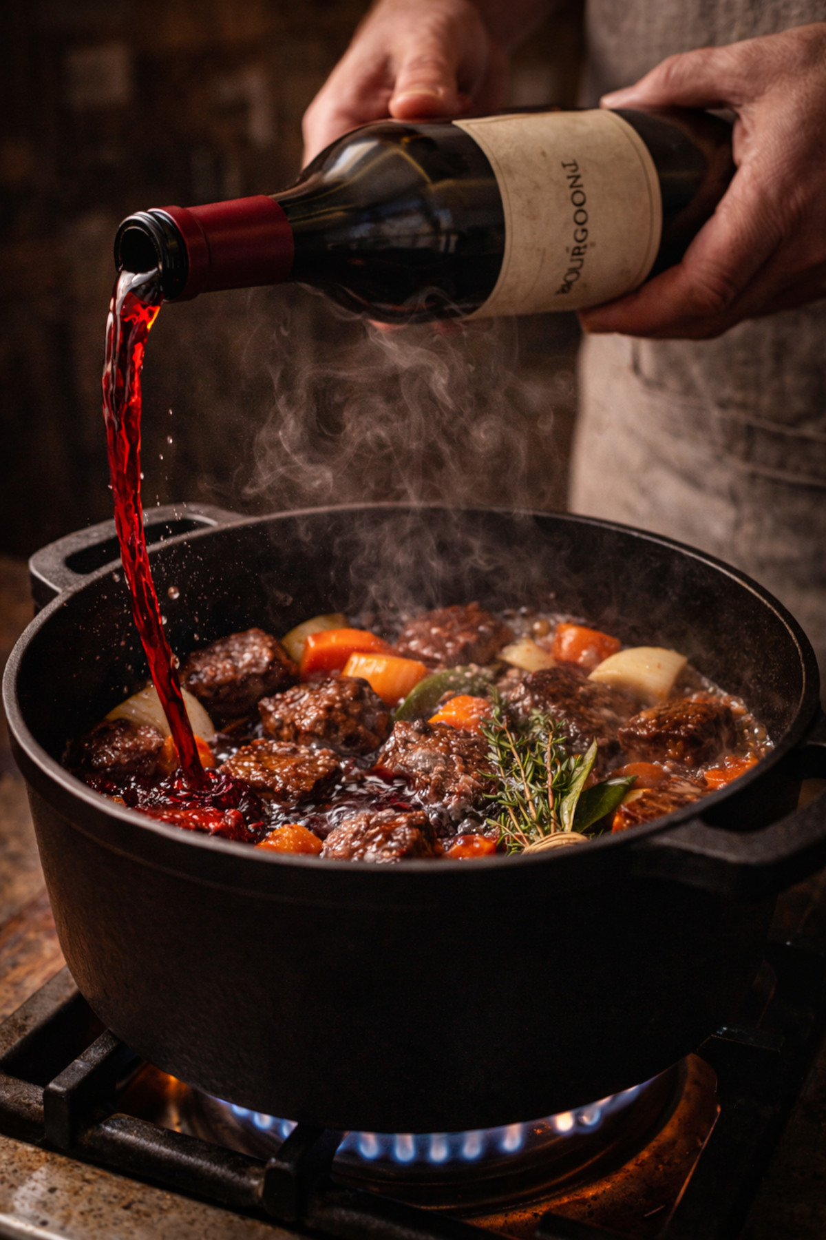 recette bœuf bourguignon cocotte — mouillage au vin rouge : Bourgogne versé en filet sur le bœuf saisi, carottes et oignons en cocotte fonte