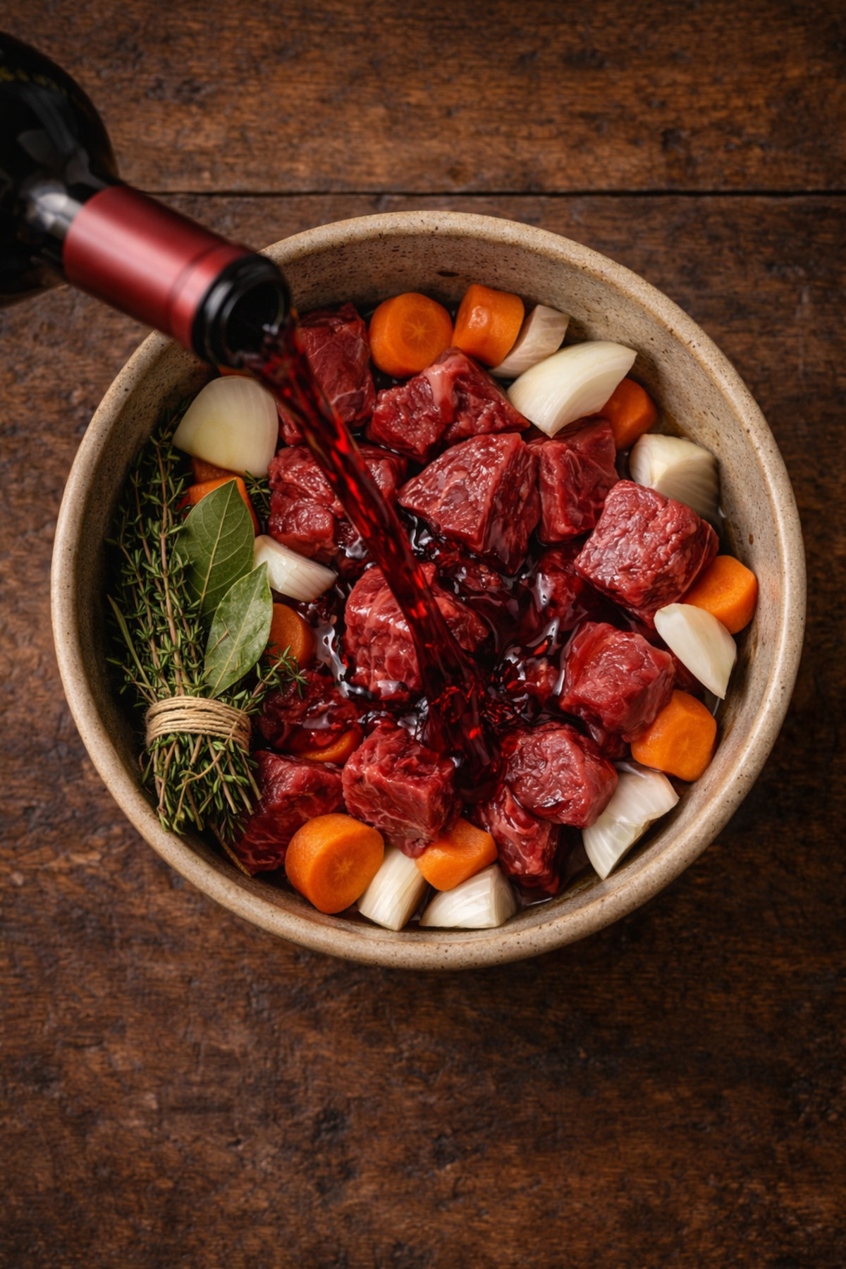 marinade : vin rouge de Bourgogne versé sur les cubes de bœuf, carottes et oignons dans un saladier en grès