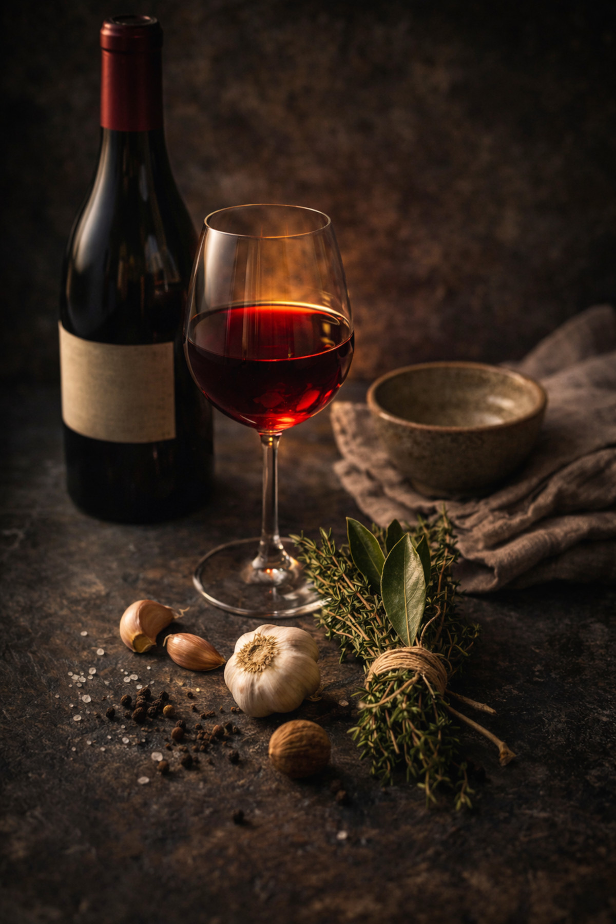 vin pour bœuf bourguignon — bouteille de Bourgogne rouge, verre de vin rubis, bouquet garni ficelé, gousses d'ail et noix de muscade sur ardoise