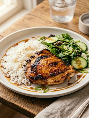Assiette dressée avec une cuisse de poulet laquée à l'air fryer, riz jasmin blanc et salade verte, filet de sauce soja-miel et oignons nouveaux ciselés