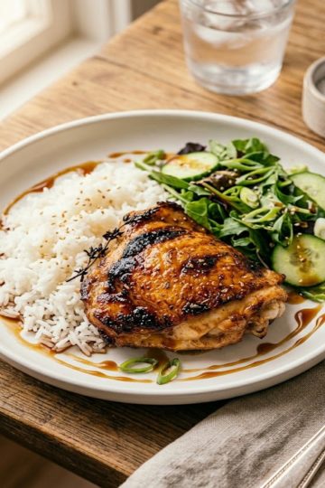 Assiette dressée avec une cuisse de poulet laquée à l'air fryer, riz jasmin blanc et salade verte, filet de sauce soja-miel et oignons nouveaux ciselés