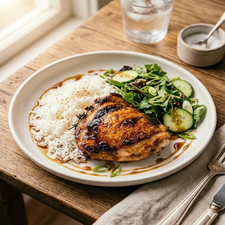 Assiette dressée avec une cuisse de poulet laquée à l'air fryer, riz jasmin blanc et salade verte, filet de sauce soja-miel et oignons nouveaux ciselés