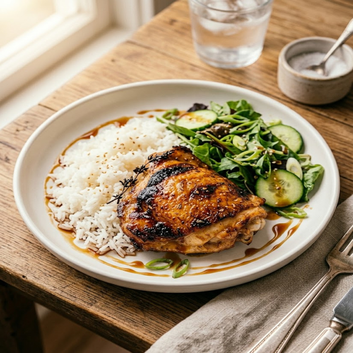 Assiette dressée avec une cuisse de poulet laquée à l'air fryer, riz jasmin blanc et salade verte, filet de sauce soja-miel et oignons nouveaux ciselés