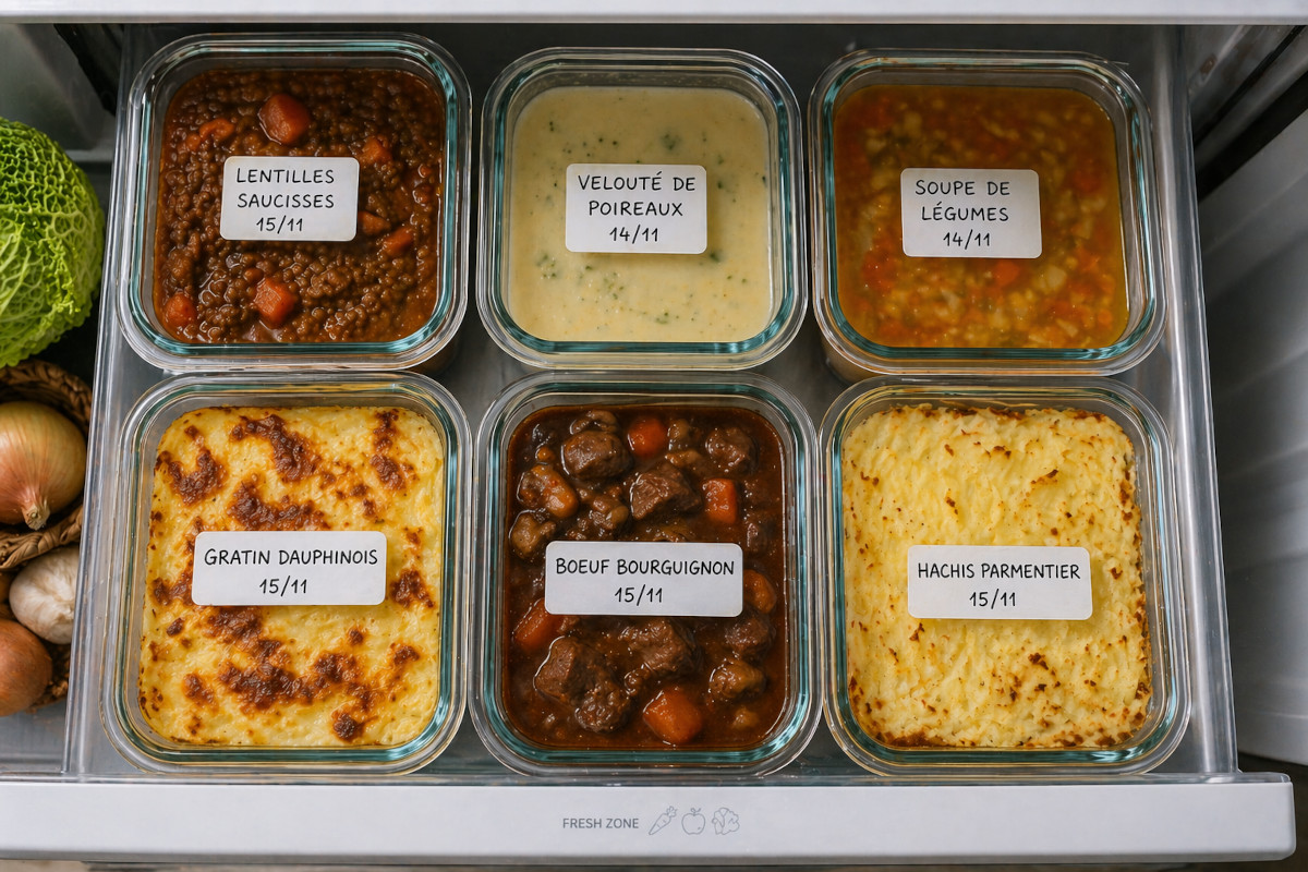 Boîtes en verre bien rangées au frigo avec étiquettes visibles