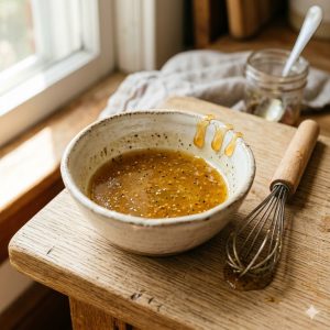 Bol de vinaigrette miel balsamique blanc avec un fouet, lumière naturelle latérale, pour la salade de fraises et burrata