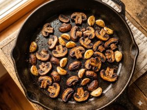 Champignons de Paris et gousses d'ail rôtis dans une poêle en fonte.