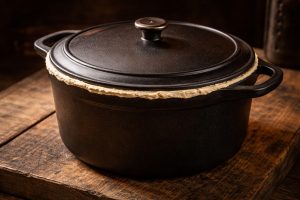 Cocotte en fonte hermétiquement fermée au four pour la cuisson lente du gigot de 7 heures