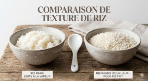 Comparaison entre riz fraîchement cuit collant et riz de la veille bien égrenné, idéal pour un riz sauté réussi