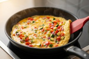 Cuisson omelette garnie à la poêle antiadhésive, bords dorés et centre encore fondant