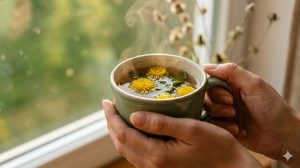 Deux mains tenant une tasse de tisane dorée au pissenlit le matin