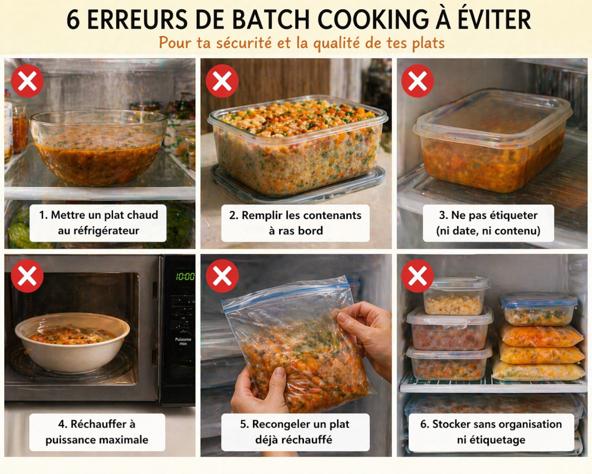 Erreurs courantes en batch cooking : plat chaud au frigo, boîte trop remplie, plat recongelé