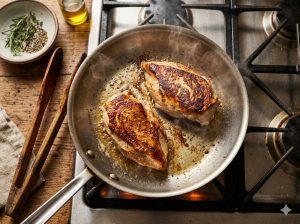 Filets de poitrine de poulet poêlés dans une poêle en acier inoxydable sur une cuisinière à gaz.