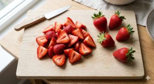 Fraises fraîches coupées en quartiers sur une planche en bois, couleurs vives, pour une recette de salade printanière