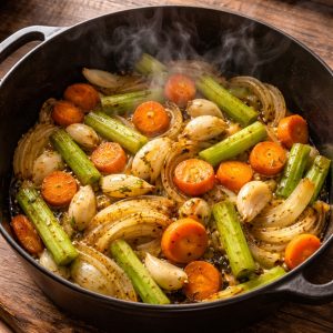 Garniture aromatique — oignons, carottes, céleri et ail — revenues dans une cocotte en fonte