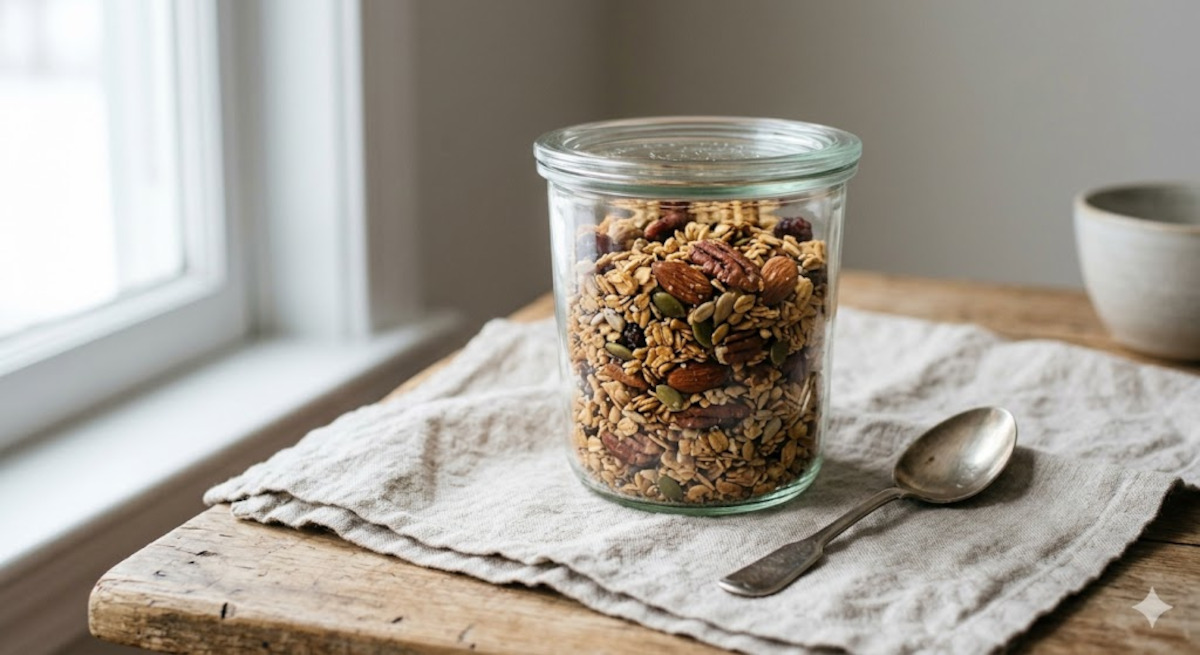 Granola croustillant maison dans un bocal hermétique