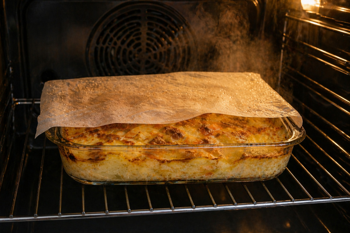 Gratin réchauffé au four, couvert de papier cuisson humidifié
