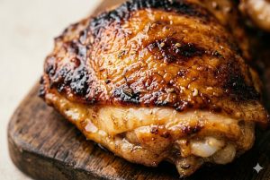 Gros plan macro sur la peau caramélisée et croustillante d'une cuisse de poulet à l'air fryer, croûte laquée et texturée avec des bulles de caramélisation