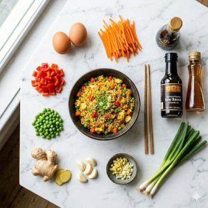 Ingrédients du riz sauté maison disposés en flat lay : riz de la veille, œufs, carottes, poivron, petits pois, sauce soja et huile de sésame