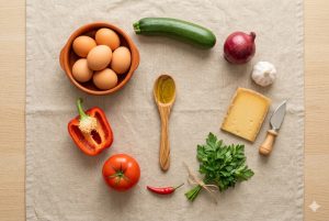 Ingrédients omelette garnie aux légumes : œufs frais, poivron, courgette, comté et herbes fraîches