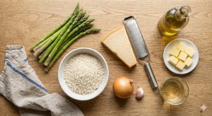 Ingrédients pour risotto aux asperges vertes : riz arborio, asperges fraîches, parmesan, beurre et bouillon