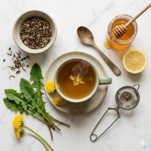 Ingrédients tisane pissenlit séché miel bio citron sur marbre
