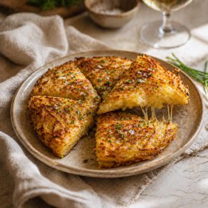 La galette coupée en 4 quartiers comme une tarte, dressée sur une assiette en grès beige posée sur un torchon en lin