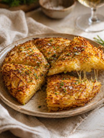 La galette coupée en 4 quartiers comme une tarte, dressée sur une assiette en grès beige posée sur un torchon en lin